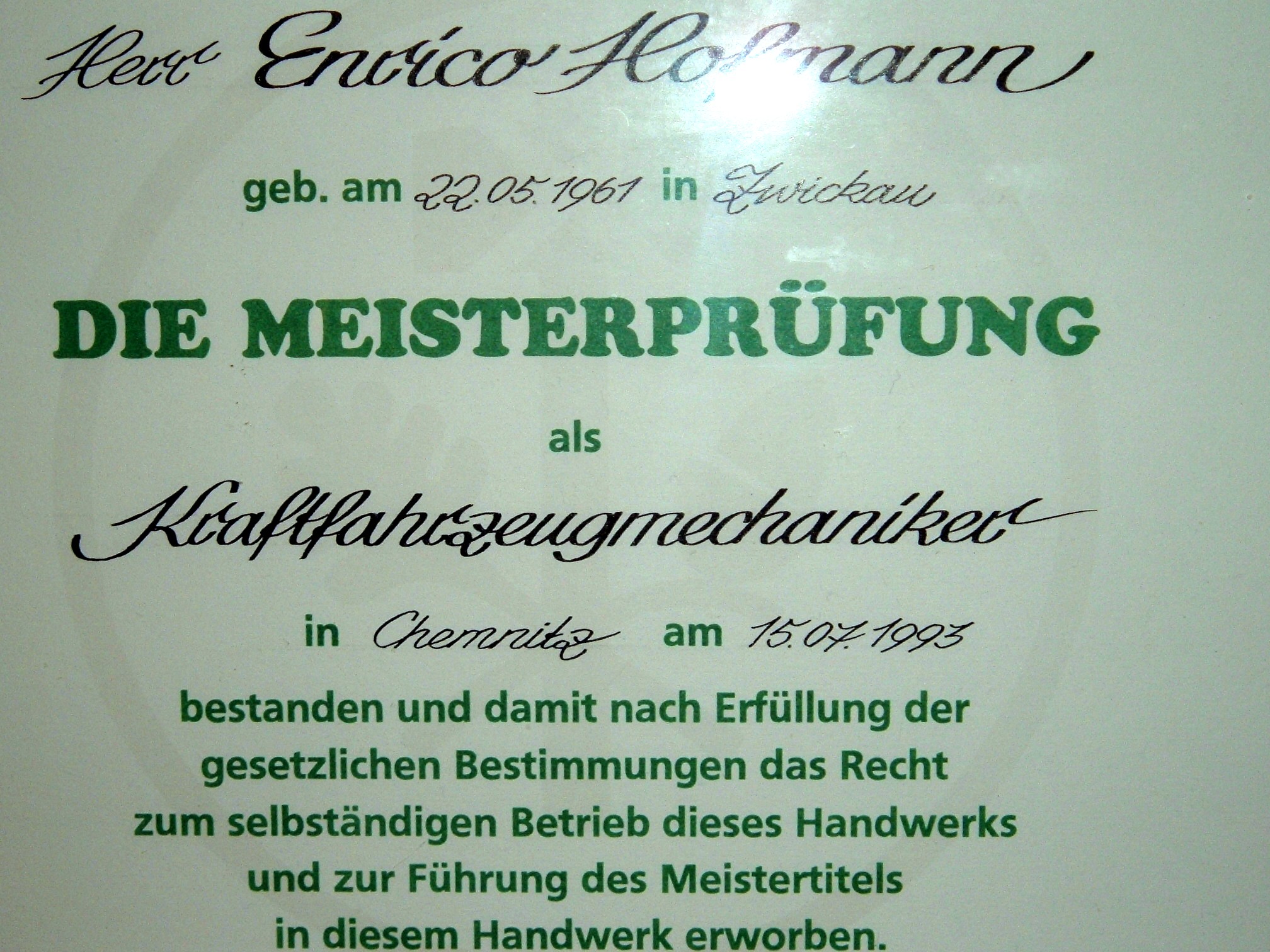 Mechanikermeisterurkunde